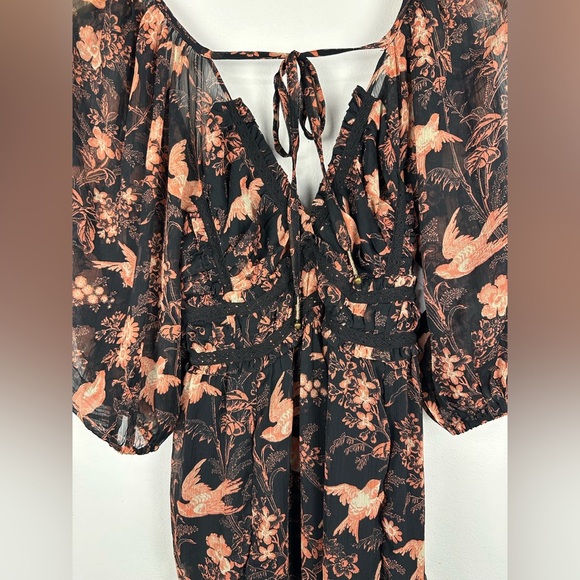 Free People You're A Jewel Maxi Dress Chiffon Black Rose Bird Print Floral Sz XS - Picture 6 of 11